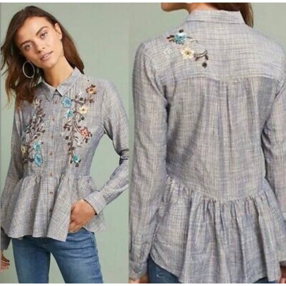 Anthropologie Gray Plaid Button-Down Shirt with Floral Embroidery